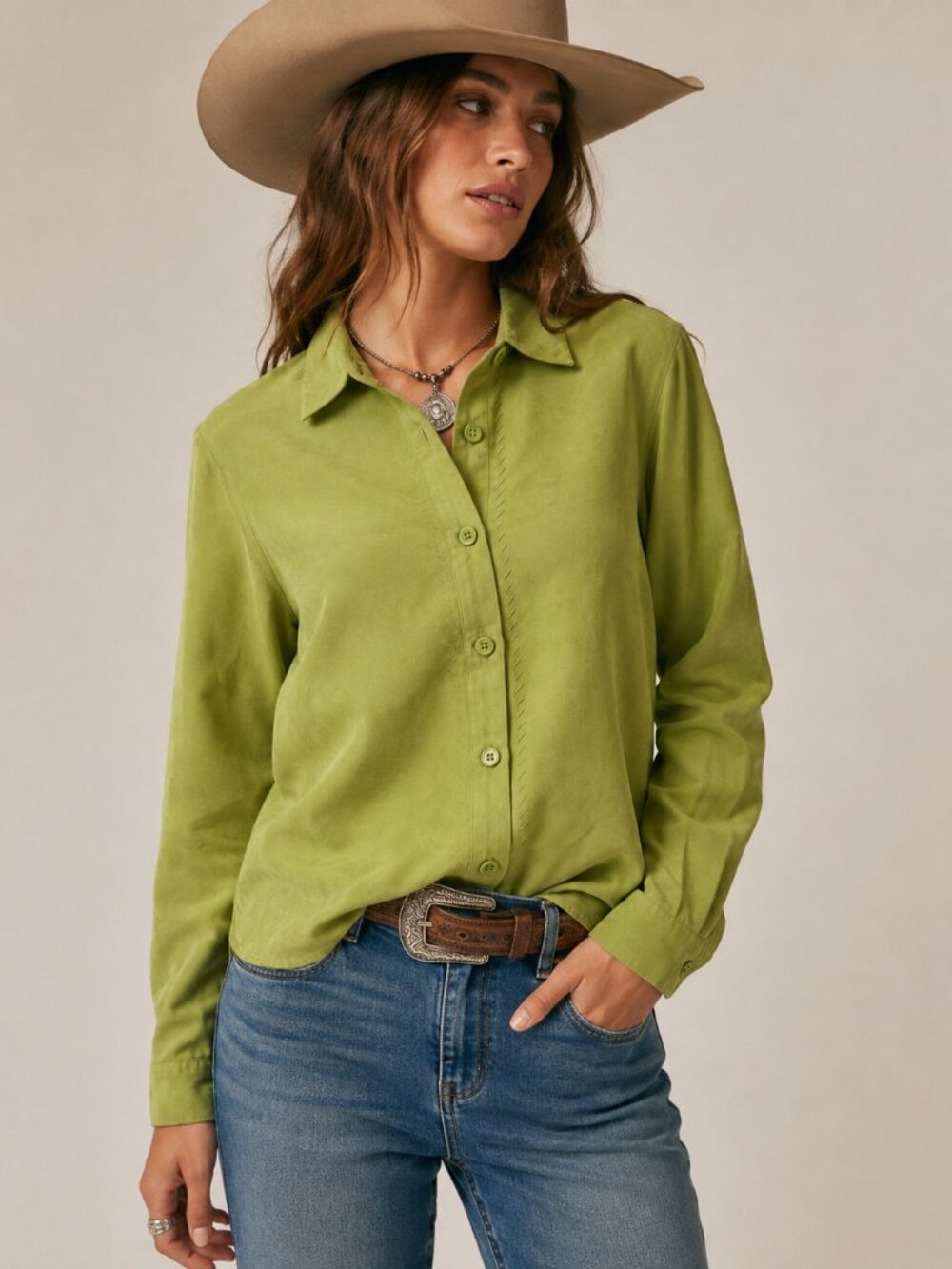Vintage Studio Works Women Petite M Green Faux Suede Button Down Shirt Western